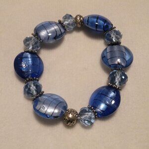 Gorgeous Blue Foil Glass Stretch Bracelet w/ Ornate Metal Accent Beads